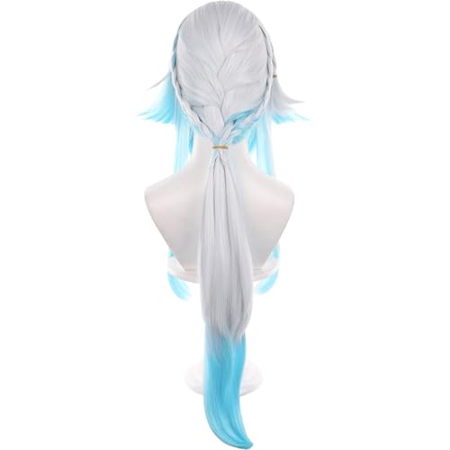 Anime White Gradient Blue Wigs with Bangs Women Long Straight Wig with Braids and Ponytail Cery Adult COS Game Empress Wigs Halloween,Christmas,Comic con,Game Show,Party - color: Blue White Gradient