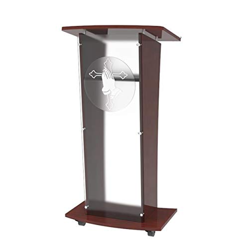 FixtureDisplays® Wood Podium with Frost Acrylic Front Panel, 46.5 Tall Pulpit Lectern with Pray Hand Decor, Easy Assembly Required 1803-5-FROST