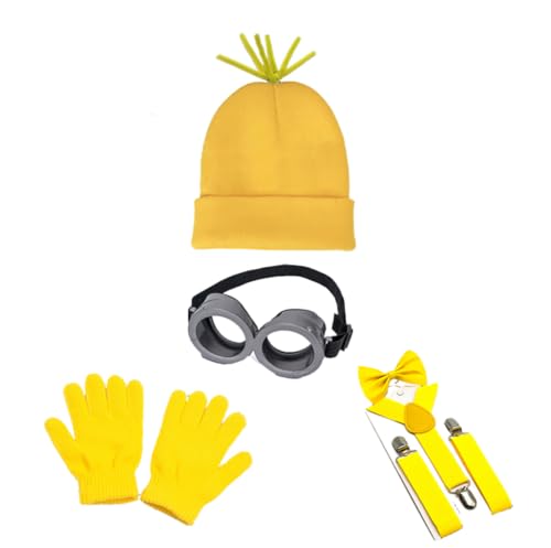 Halloween Costume Accessories Set, Yellow Beanie, Goggles, Suspenders with Bow Tie, 5 Pieces, for Boy and Girl Cosplay Party - color: Yellow5