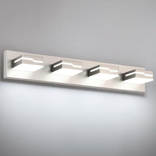 4-Light LED Bathroom Vanity Light, 25.5In Modern Brushed Nickel | Vanity Light Fixture, Dimmable Bathroom Lighting Over Mirror with 350° Adjustable Acrylic Heads, 5500K Daylight White - color: Nickel-5500K-Dimmable, size: 4-Light, 25-inch