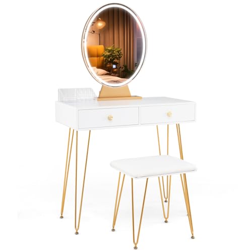 CHARMAID Makeup Vanity Table with Lighted Mirror, Vanity Desk with 2 Large Drawers, Adjustable 3 Lighting Modes, Modern Girls Bedroom Vanity Table with Chair for Small Spaces, White & Gold - color: White, style: 2 Drawers & Acrylic Storage Box