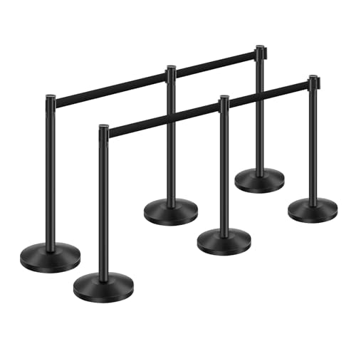 VEVOR Stanchion Post, 6 Pcs Stanchions with Retractable Belts, Carbon Steel Black Stanchions Queue with Sand Injection Hollow Base, Crowd Control Barriers for Theaters, Parties, Weddings, Exhibitions - color: Black