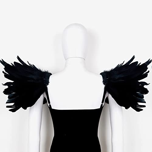 L'VOW Men Gothic Natural Real Feather Epaulet Shrug Shoulder Strap for Halloween Costume - Pack of 2 - color: Goose Black