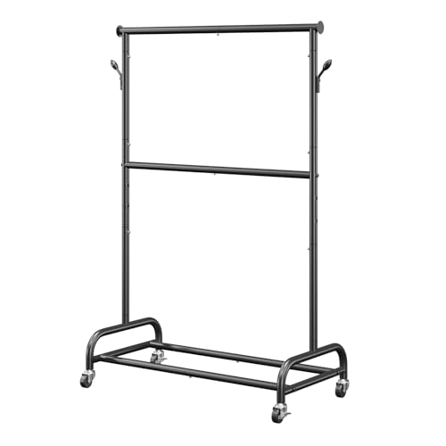 VEVOR Clothes Rack, Rolling Clothing Garment Rack with Adjustable Crossbar and Side Hooks, 150 lbs Load Capacity, Heavy Duty Carbon Steel Clothing Racks with Wheels for Bedroom, Laundry, Living Room