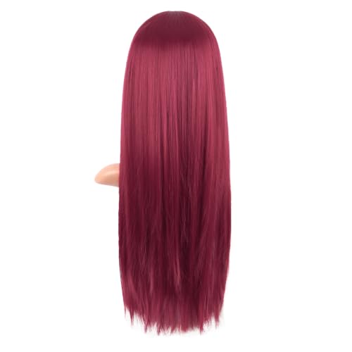 MapofBeauty 24 Inch Long Straight Flat Bangs Party Cosplay Wig, Blood Red | 60 cm Synthetic Hair Wig, Heat Resistant, Women - color: Blood red