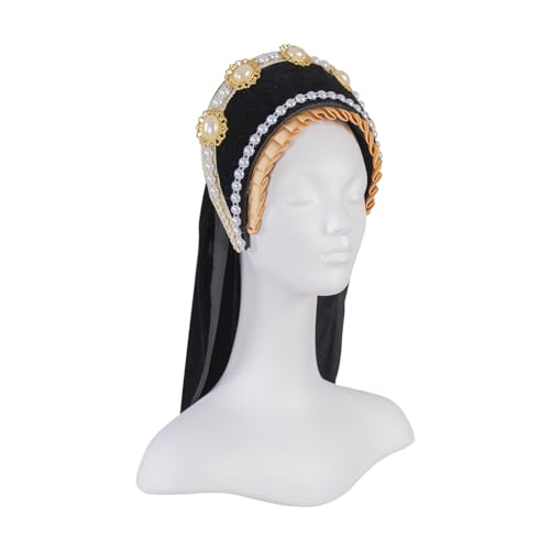 Willyacos Tudor French Hood Anne Boleyn Costume Headpiece Elizabethan Headwear Renaissance Tudor Hat Headdress Headband - color: Black