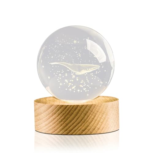 Flexzion 3D Whale Crystal Ball Night Light - LED Light Hologram Glass Lamp with Solid Wood Base, USB Powered Crystal Ball Lamp with Adjustable Brightness for Home Decor Display Gift, 2.4inch(60mm) | Whale Lamp with Solid Beech Wood Base and Adjustable Bri
