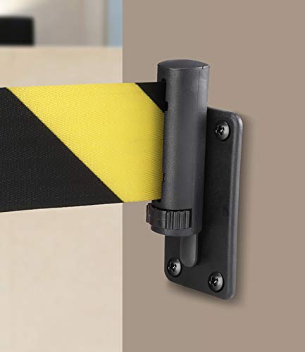 New Star Foodservice Wall Mount Retractable Belt Barrier, 16 ft Stainless Steel Crowd Control Safety Belt, Fixed Wall Mounted Queue Barrier with Black and Yellow Belt for Warehouses and Entryways - size: 16 Foot (Hazard Belt)