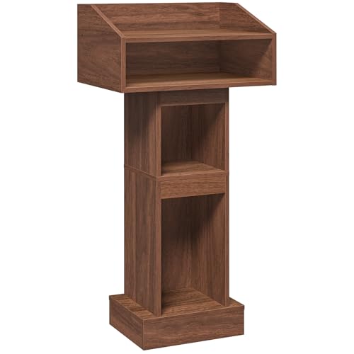 MAHANCRIS Podium Stand, Lectern with 4-Tier Storage, Pulpit with Reinforced Base for Church, Laptop Desk for Classroom, Office, Meeting Room, Easy Assembly, Walnut LPWA5801