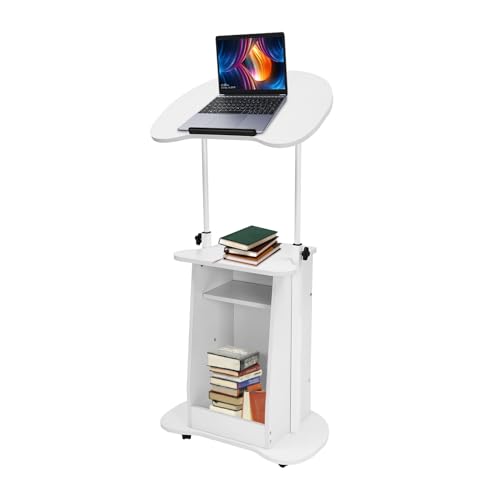 Portable Podium Stand, Mobile Height Adjustable Church Classroom Lecture Teacher Speaker Presentation Stand Concert Podium Standing Desk Laptop Holder (White) - color: White