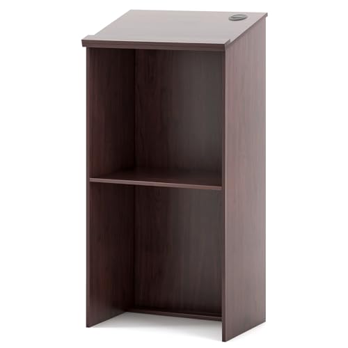 Tangkula Floor Standing Podium, Wooden Speaking Lectern Hostess Stand with 2-Tier Shelves & Dual Cable Holes, Standing Lectern Desk for Meeting Room, School, Churches, Auditorium, Classroom
