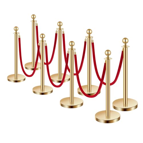 VEVOR Stanchions and Velvet Ropes 8Pcs, Hollow Base with Stainless Steel Post, 6 Red Velvet Ropes and Posts, Crowd Control Barriers Gold Stanchions, Red Carpet Runner Poles for Party Supplies - color: Gold