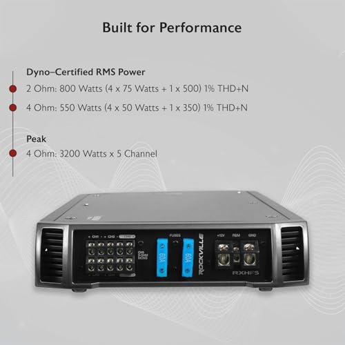 Rockville RXH-F5 3200W 5-Channel Car Amplifier, Dyno-Certified RMS, MOSFET Power Supply, ELNA Capacitors, Class-A/B D, Perfect for Car Audio and Subs | Class A/B + D, MOSFET, High-Level Input, Bass Knob, 2-Ohm Stable, Bridgeable, Crossover, Subsonic Filte