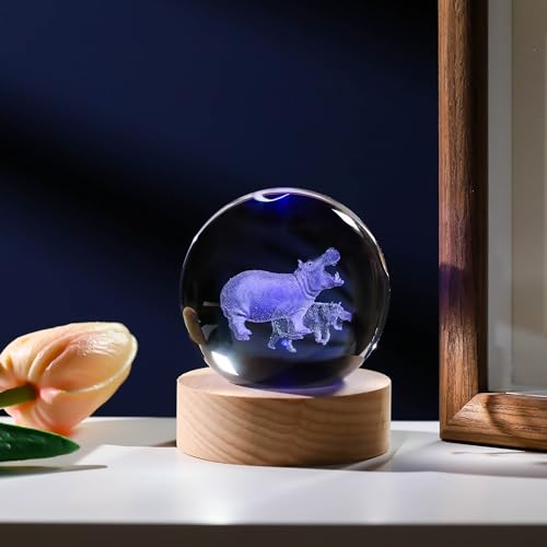 3D Hippopotamus Gifts for Women Crystals Ball 60mm - Hippopotamus Figurines Decor Glass Animals Figurine Hippo Gifts Stuff for Room Birthday for Best Friend Lovers Keepsake Paperweight - style: Hippo
