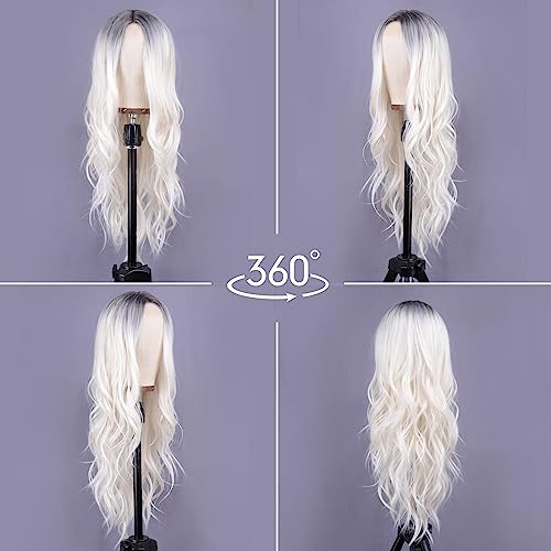 Aida ble Long Wavy White Wig for Women 26inch Middle Part Synthetic Wig | Natural Looking Heat Resistant Hair,Suitable for Daily Wear,Party,Halloween and Cosplay,Beginner-friendly Wig - color: White