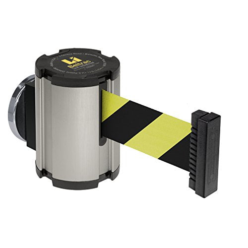Beltrac 13 ft Magnetic Wall-Mounted Retractable Belt Barrier, Satin with Safety Stripe Belt