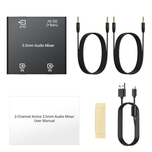 LiNKFOR 3.5mm Audio Mixer, 2-Channel Active Stereo Audio Mixer with Gold-Plated Connectors, Dual Input to Single Output, USB-C Powered, Plug & Play for PC, Phone, Tablet, MP3, Echo Dot