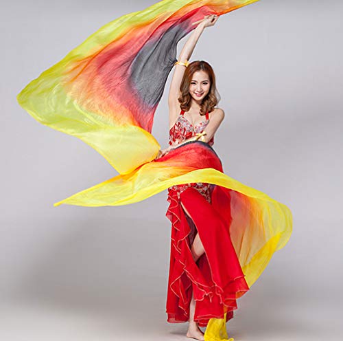 KIKIGOAL 100% Silk Belly Dance ISIS Wings Scarf Veil Fan with Telescopic Stick for Halloween Carnival Performance 1.4x2.7cm - color: Gradual Yellow