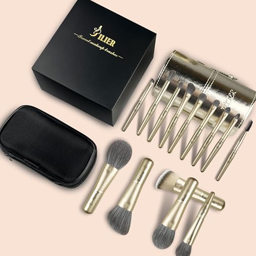 Jilier Travel Makeup Brush Set, 14 pcs Mini Makeup Brushes for Foundation, Powder, Eyeshadow, Highlight, Contour, Blush & Concealer, Small Makeup Brush Set Purse Size with Case - color: Gold