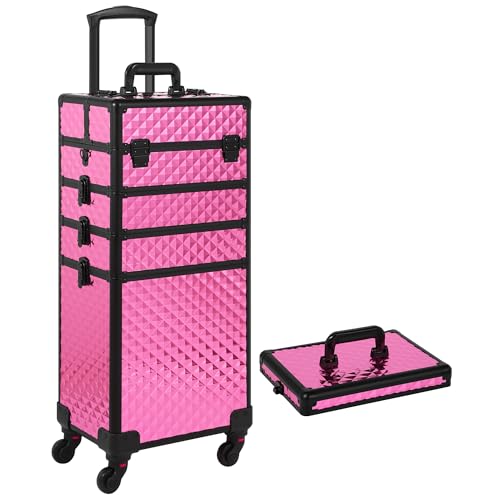 Somduy Rolling Makeup Case, Makeup Train Case with Lid, 5 in 1 Cosmetology Case on Wheels, Christmas Gift, Large Makeup Organizers, Profesional Cosmetic Case for Salon Barber, Rose Red - color: Rose Red