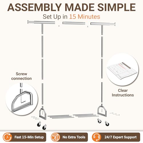Heavy Duty Rolling Clothing Rack, 420 lbs Capacity Metal Clothes Rack with Wheels, 65" Tall Freestanding Hanging Rack for Bedroom, Laundry Room, Retail Display, Chrome - color: Chrome