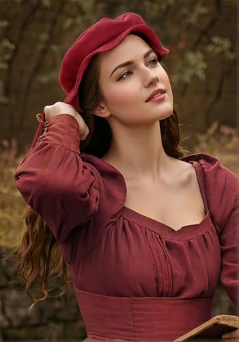 FURPHI Medieval Tudor Flat Cap Faux Suede Beret Hat Renaissance Festival Costume Accessories for Men Women - color: Red1