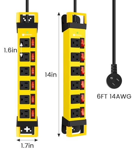 HEZI Heavy Duty Power Strip with 1200J Surge Protector,14 Gauge,Yellow,6FT - color: Yellow, size: 6 FT