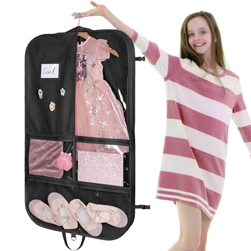 Univivi 40 Inch Dance Costume Garment Bags for Dancers, Black | Breathable Non-Woven Fabric, Clear Zip Pockets, 1 Pendant & 3 Badges, Foldable Hanging Dance Garment Bag for Travel
