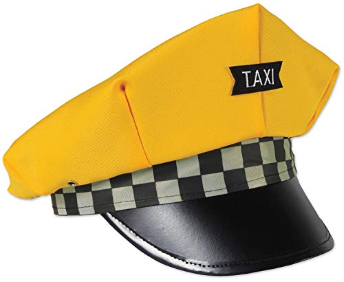 Beistle Taxi Hat – Retro Yellow Fabric Oversized Costume Cap with Black Visor, Checkerboard Band and Taxi Patch for Halloween, 1980s Theme Parties, New York City Cabbie Events and Theatrical Plays