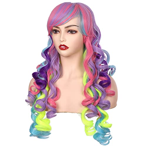 ColorGround Long Curly Cosplay Wig with 2 Ponytails (Purple/Pink/Blue/Green) - color: Purple/Pink/Blue/Green