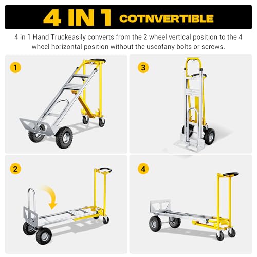 4-in-1 Convertible Dolly Cart, 850LBS Aluminum Alloy | Heavy Duty Hand Truck Dolly with wheels & Non-Slip Handle, Collapsible Cart for Luggage, Cartons, Warehouse, Office, Yellow - size: Large-Gold