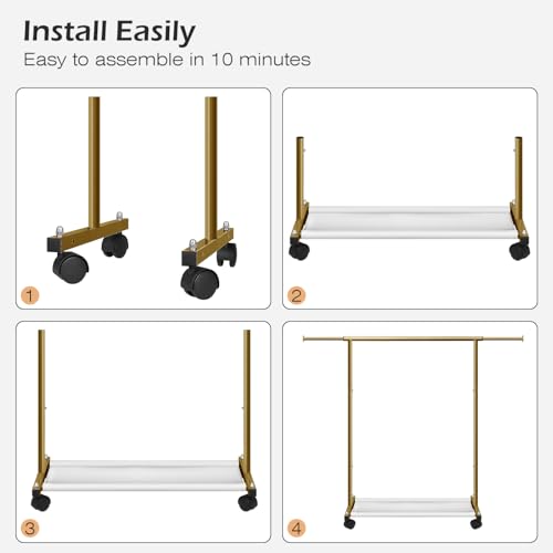 MISSLO Short Clothing Racks for Hanging Clothes with Bottom Shelves and Wheels Heavy Duty Rolling Clothes Rack Kids Clothing Rack for Adult Coat, Closet, Wardrobe (Gold) - color: Gold