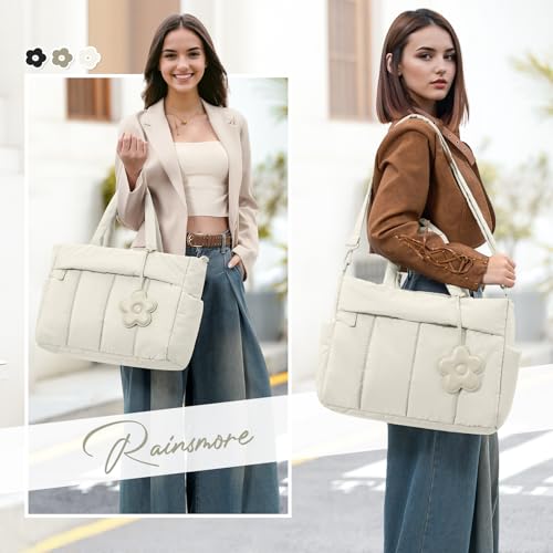 RAINSMORE Laptop Tote Bag for Women Puffer Work Bag Quilted Travel Bags - color: Beige