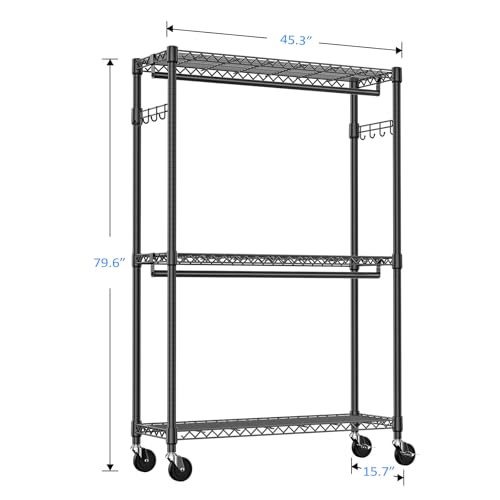 IZEUK Heavy Duty Rolling Garment Rack Wire Clothes Rack for Hanging Clothes (Black, 3 Tier with 2 Rod, 15.7" D x 45.3" W x 79.6" H) - color: Black, size: 3 Tier with 2 Rods, 15.7"D x 45.3"W x 79.6"H