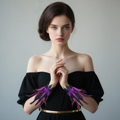 2Pcs Witch Feather Shawl Wrist Cuff for Women | Gothic Crow Shrug Shawl, for Halloween, Feather Costume Accessories - color: Purple