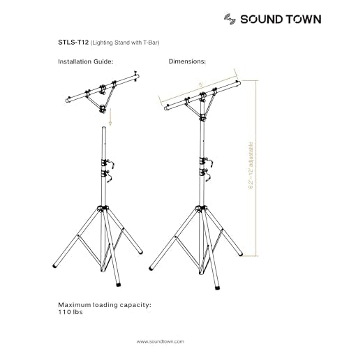 Sound Town DJ Lighting Stand, Height Adjustable, 12 ft Tall, with T-Bar and Tripod Base (STLS-T12) - color: Black, size: 12ft