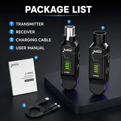 AITONE Wireless XLR Transmitter and Receiver – 2.4GHz Wireless Microphone System, 48V phantom power, Ultra-Low Latency for Dynamic/Condenser Mics, PA, Live Streaming, Studio (A-MW2)