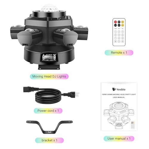 Moving Head DJ Light for Party 150W 6-Arm Remote Control | Disco Ball, LED RGB Ring, Red Green Starry, Strobe Multi Effects. DMX512 Sound Activated. For Stage, Wedding, Club, Events