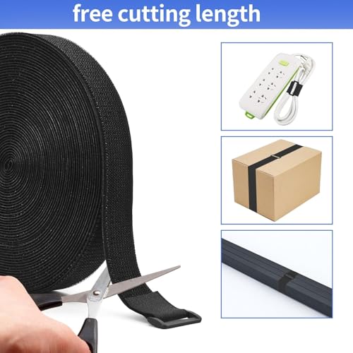 1In x 32Ft Cinch Straps Nylon Heavy Duty with 50 Buckles, Cut to Length, Black Hook and Loop Straps, Reusable Long Cable Ties for Storage and Cord Organizer - size: 1In x 32Ft Black