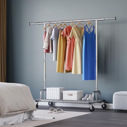 HOKEEPER Clothing Garment Rack Capacity 525LBS Collapsible Clothes Rack | Adjustable Clothing Racks on Wheels Rolling Clothes Rack for Hanging Clothes Heavy Duty Commercial Easy Assemble 75"W*71"H - color: Chrome, size: 22"D x 75"W x 71"H