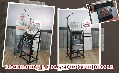 GRIFFIN Rack Mount Cart Stand & Top Mixer Platform 25U (Studio-XPRO Steel Series) – Rolling Music Booth Case Holder – Sound Stage Audio Equipment DJ Gear Display for Amplifier, Effects