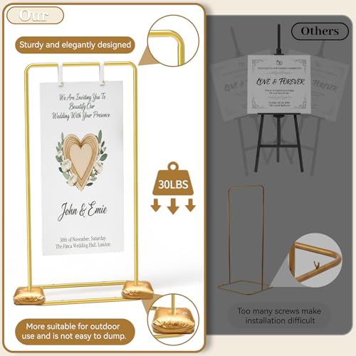 Wedding Welcome Sign Stand, Adjustable 50/68 Inch Metal Sign Holder, Gold | Overall size 68 x 31 x 20 in; ideal for seating charts, bridal showers, baby showers, graduations and ceremony entrances.