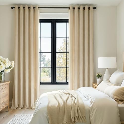 Topfinel 92 Inch Long Velvet Black Out Grommet Curtains 2 Panels,Beige Cream Thermal Insulated Sun Blocking Curtain Drapes Room Divider,Soft Luxury Window Treatments 52" X 92", Bay Window - color: Beige, size: 52"W x 92"L (Pack of 2)