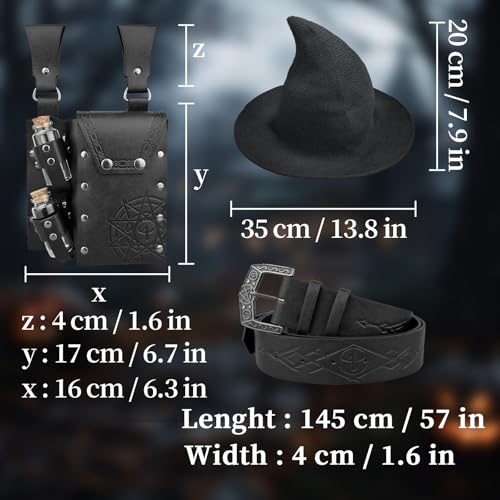 HiiFeuer Medieval Faux Leather Alchemy Set, Witch Pointed Hat for Women, Fantasy Wizard Belt with Potion Vials Waist Pouch - color: Black B