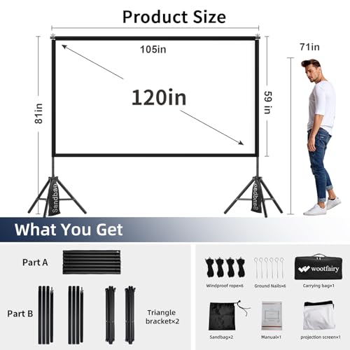 Wootfairy 120inch Projector Screen with Stand Portable Indoor Outdoor Use | Foldable Anti-Crease 16:9 4K HD Front Rear Washable Projection Movie Screen with Carry Bag for Home Theater Backyard Camping - size: 120 inch-25mm