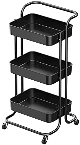 Sooyee 3 Tier Metal Utility Cart with Handle and Lockable Wheels, Black - color: Black, size: Wide 3 Tier 2