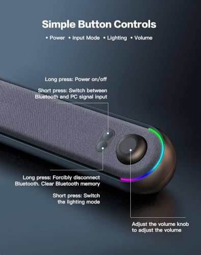 Desktop Computer Speakers, Stereo Soundbar, Bluetooth 5.3, USB/USB-C Power and Audio Transmission, Plug-and-Play, Compatible with PC, Mac, Laptops, Monitors, RGB Lighting, Wired Gaming Speakers
