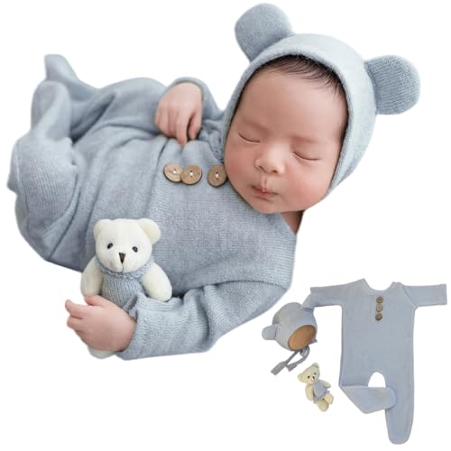 Zeroest Newborn Photography Bear Outfit Baby Photoshoot Props | New Born Boy Girl Hat Clothes Set, Infant Photo Prop Outfits - color: Light Blue