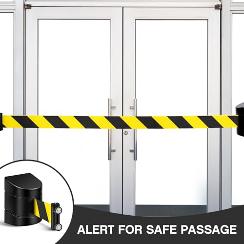 Landical 2 Pack 16.4 ft Magnetic Wall Mount Retractable Belt Magnetic Crowd Control Safety Retractable Wall Barrier with ABS Case, Safety Barrier for Grocery Retail Store (Yellow Black Rope) - color: Yellow Black Rope