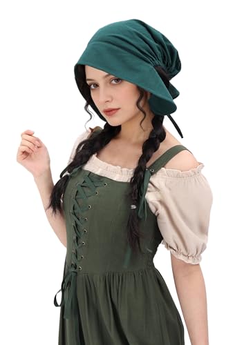 DAZCOS Renaissance Coif Cap Medieval Peasant Amish Hat Colonial Bonnet with Ties for Women for LARP - color: Green